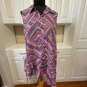 New Directions Funky Artsy Print Asymmetrical Ruffle Hem Top Size M